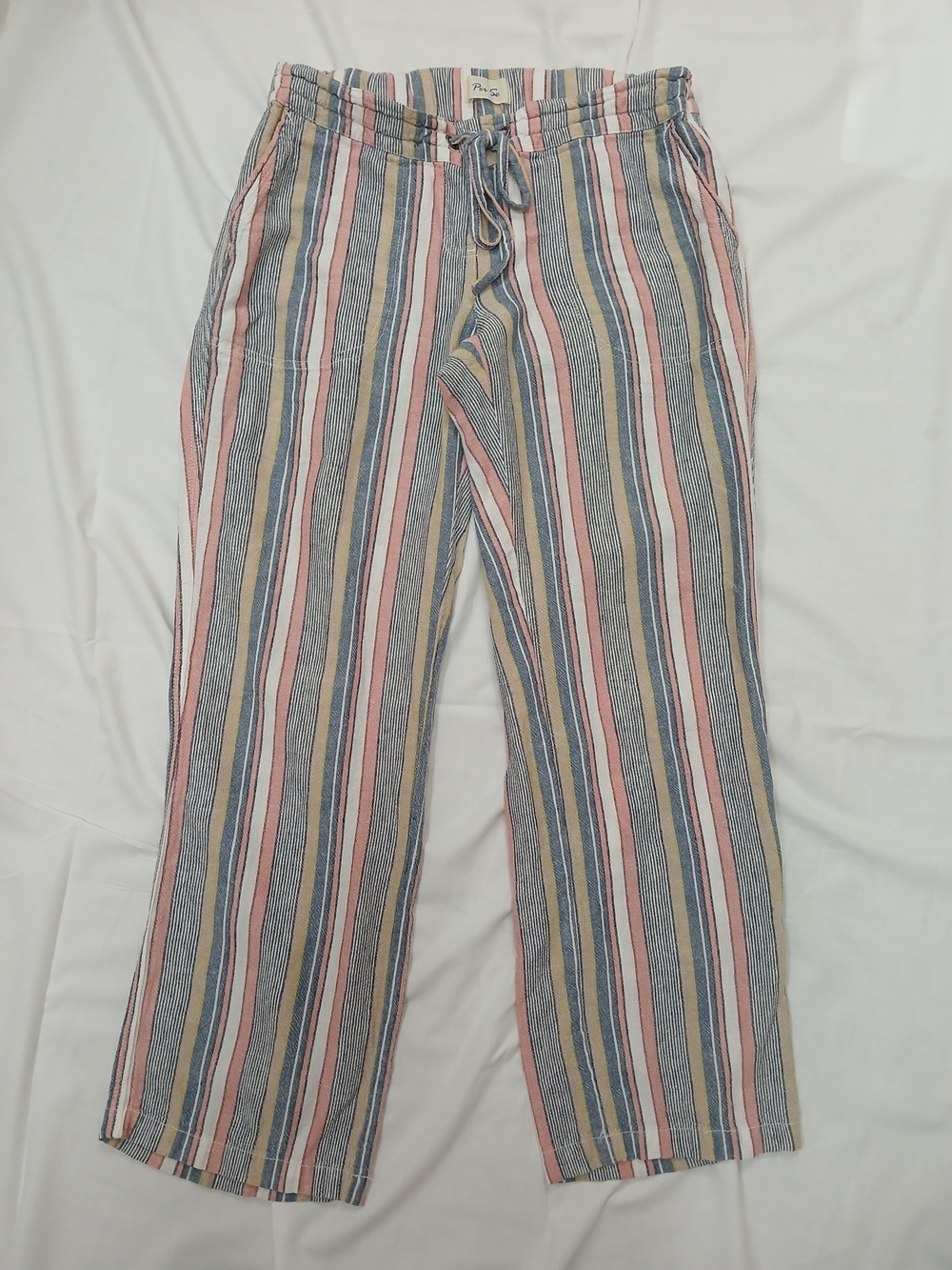 Per Se Ladies Striped Drawstring Pants in Pink, Blue & Beige